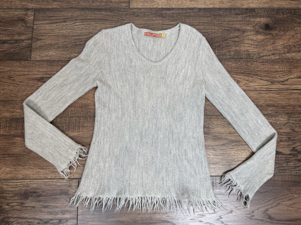 Kuna Sweater 100% Baby Alpaca Long Sleeve Fringe V-neck Pullover Gray Sz Small